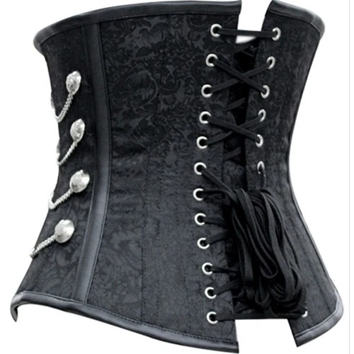 Corset Dress Steampunk Black Corset Satin Underbust Top with Thong Chains Sexy - Image 3 of 4
