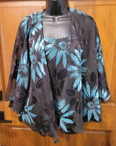 Alex Evening Gorgeous Womens 2 Piece Twin Set Top Teal/Black Floral Sheer, Sz S