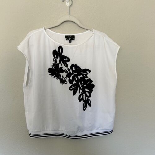 Lord and Taylor Floral Print Blouse Sleeveless White Black Top Size L Minimal - Picture 2 of 7