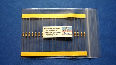 Resistors, carbon film, 1/4 watt-5% axial leaded 470,000 Ohm   470K  - QTY of 20