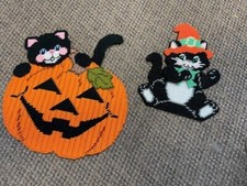 Halloween Needlepoint Pumpkin and Cat Lot of 2 Used Pre-Owned
