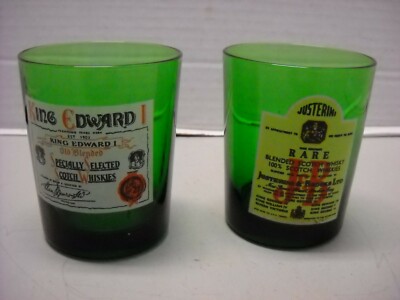 Vintage King Edward & Jim Beam Green Glass Old Fashioned Whiskey Glass Set of 2