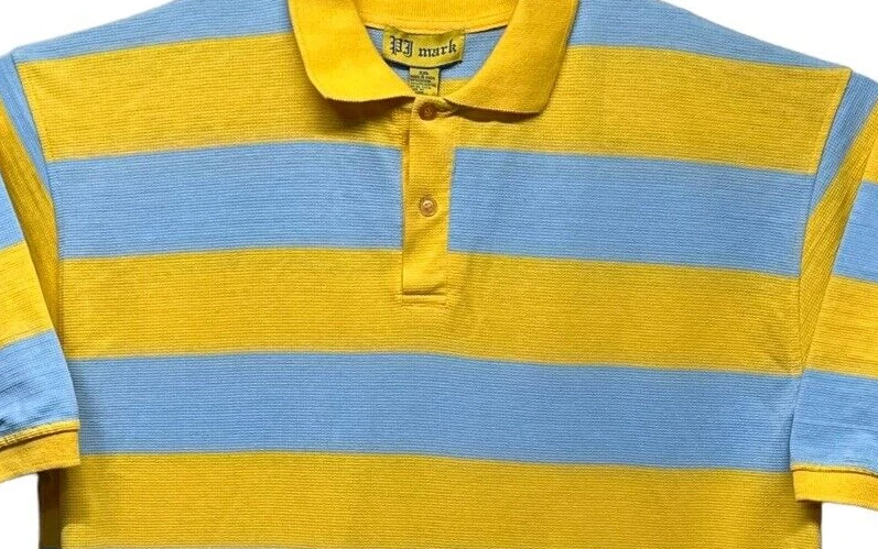 Camisa Polo PJ Mark Para Hombres 2XL Azul Amarillo Rayas Waffle Mezcla Algodón Manga Corta Foto 2 de 4