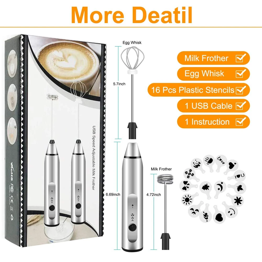Milk Frother Handheld, Rechargeable Whisk Drink Mixer for Coffee with Art Ste...