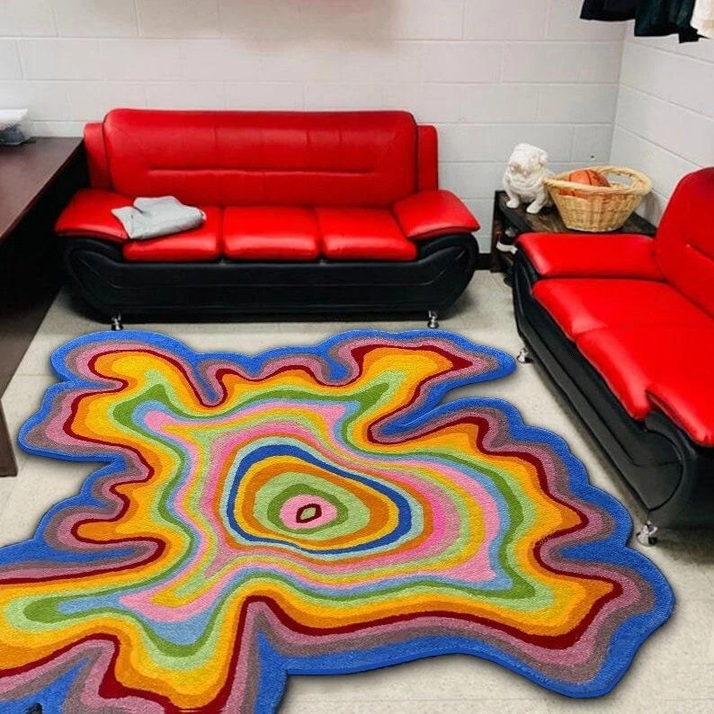 Multicolor rainbow Amoeba Irregular shaped hand tufted woolen rug 5x5/6x6 rug - Image 3 of 4