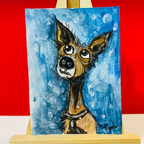 ACEO Whimsical Dog Portrait Sad Puppy Eyes Acrylic Painting Art Card Signed NEW - Picture 2 of 7