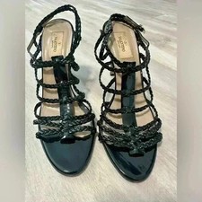 Valentino Garavani Black Patent Braided Strappy Stiletto Heels Sandals Shoes 39