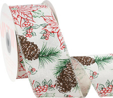 White Wired Ribbon with Pinecones Printed, 2-1/2-Inch X 10 Yards, with Standard