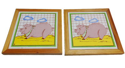 Vintage Farm Animal Pig Ceramic Tile Trivet Set of 2 Wood Frame