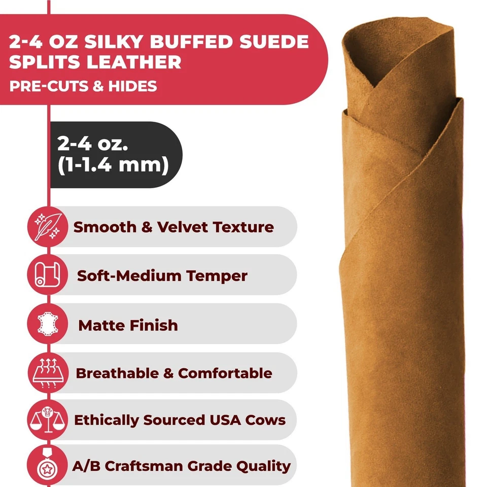 Suede Cowhide 2-4 oz (1-1.6mm) - Pre-Cut Premium A/B Grade Grain Leather USA Mad - Image 4 of 4