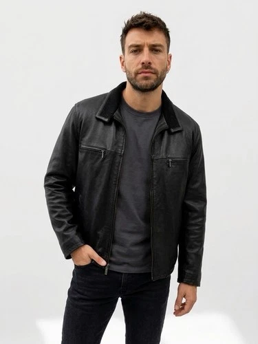 Guess Men's L Black Leather Bomber Jacket Vintage Y2K Coat - product listing photo