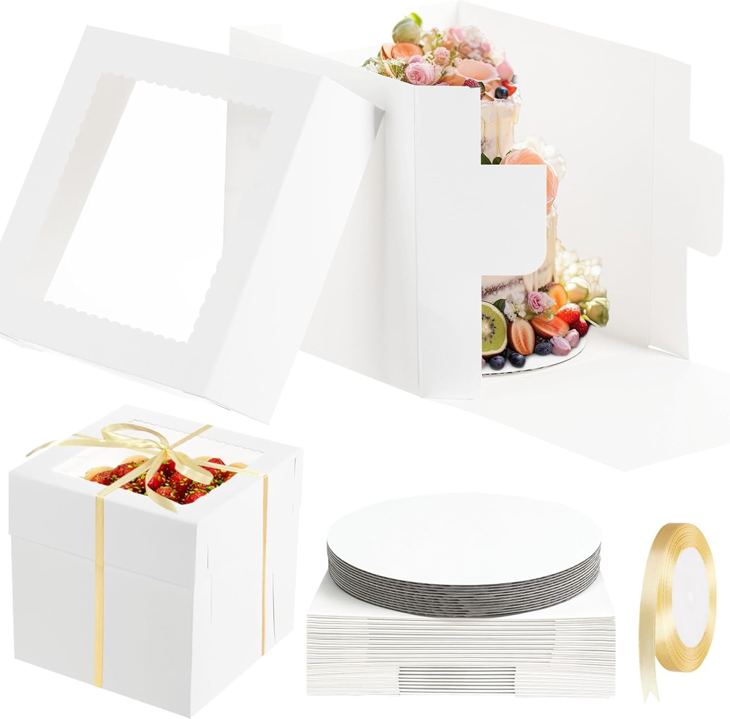 12 Sets 10 Inch Cake Box with Boards 10X10X10 Tall Bakery Boxes with Window Disp