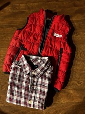 Baby Boy 2 piece Outfit - Plaid Shirt Bodysuit and Red Puffer Vest 18-24 Mon.