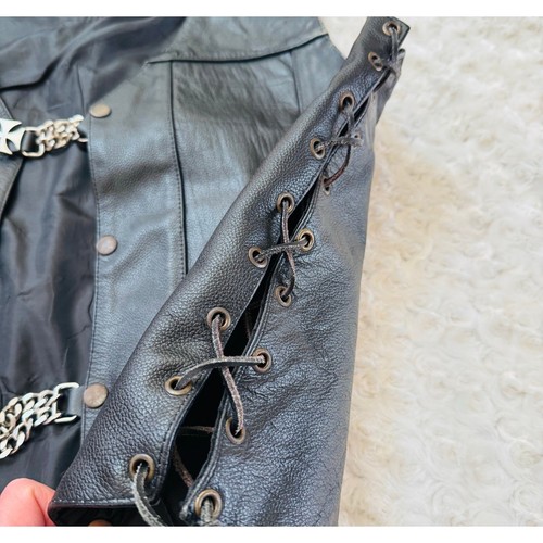 Xelement Black Leather Motorcycle Biker Harley Eagle Chain Snap Lace Up Vest XL - Picture 6 of 14