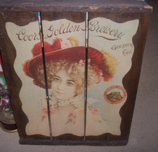 Vintage Large Coors Brewery Wood Barn Board Plank Beer Bar Sign Victorian Woman