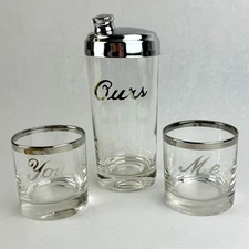 Vintage Cocktail Shaker and 2 Glasses You Me Ours Wedding Anniversary Silver