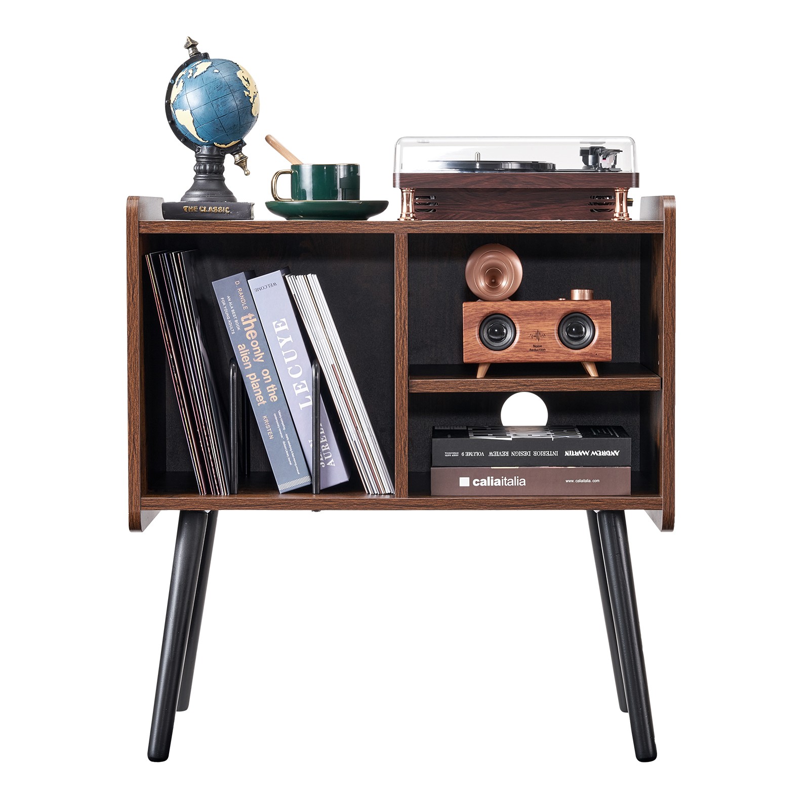 Record Player Stand 2-Tier Wooden Turntable Stand 3 Cabinets Black & Brown