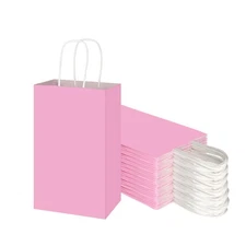 50 Pack 5.25x3.25x8.25 Inch Small Light Pink Kraft Paper Bags with Handles Bu...