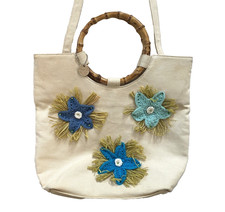 Hippie Boho Crochet Floral Handbag Bamboo Handle Cotton Shoulder Purse Cottage