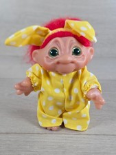 Vitage 1984 DAM Troll Doll Red Hair Green Eyes In Yellow Bunny Ears And Outfit