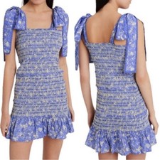 LoveShackFancy Belle Re-Edition Cotton Floral Mini Dress Blue Jays Large