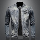 New Men's Denim Blue Retro Jean Jacket Casual Motorcycle Punk Hip Hop Coat Zip