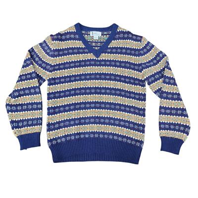 Vintage 80s Mens V Neck Sweater Navy Blue Brown Stripe - FSA Collection M