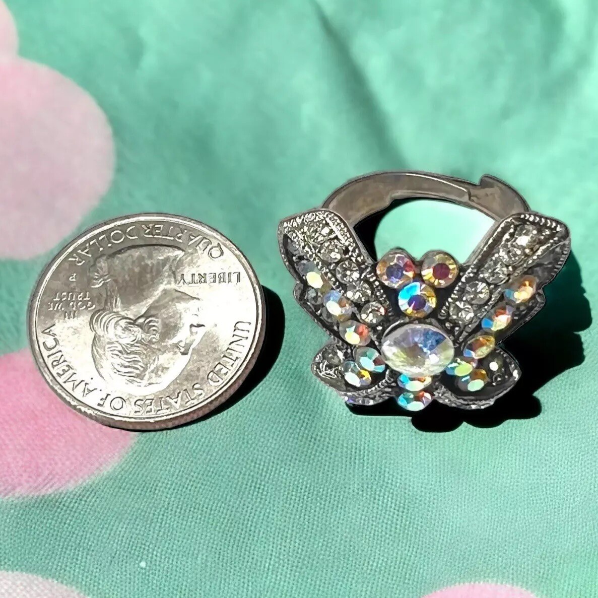 Butterfly Rhinestone Ring Adjustable Silver Tone … - image 6