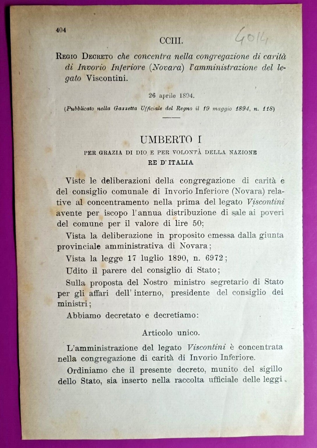 INVORIO INFERIORE ,REGIO DECRETO X CONGREGAZIONE DI CARITA' LEGATO VISCONTI-4014
