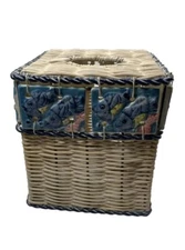 Vintage Ceramic Fish Tile Square Tissue Box Cover Woven Wicker Beach Sea Life