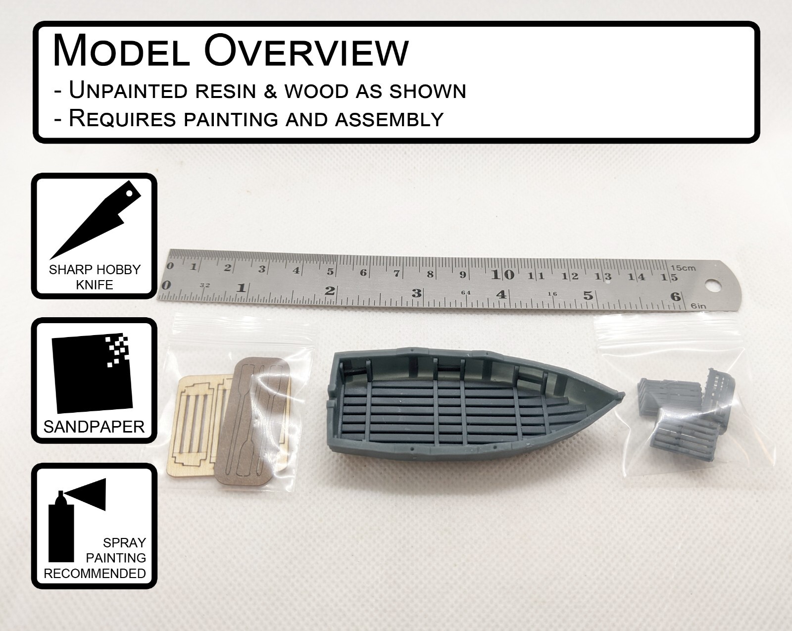 3 Barchette A Remi In Resina Scala 1:76 (OO Gauge) – Colore Grigio, Made In UK