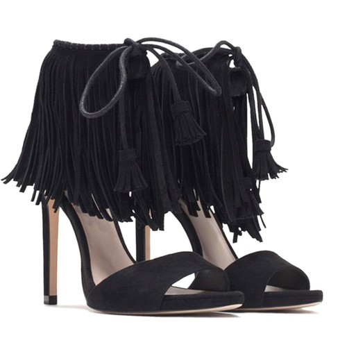 ZARA Women's Black Suede Ankle Fringe 