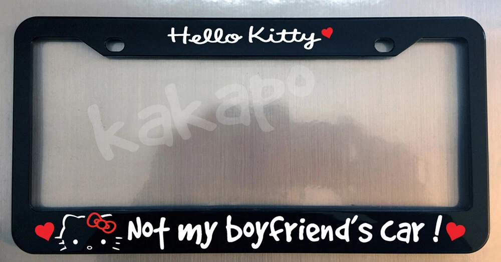 Helo Kitty Black Metal Vehicle License Plate Frame, Not My Boyfriends Car Design
