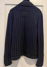 CHANEL 12A NAVY SILVER WOOL CC LOGO BUTTONS EMBROIDERY JACKET FR42 US10
