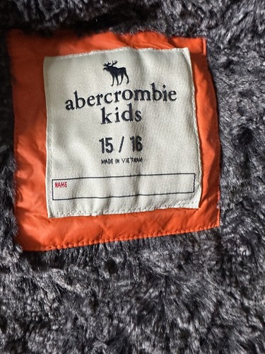 Abercrombie Kids Zip Puffer Jacket Parka Faux Fur Lined Hood Orange Gray 15/16 - Picture 7 of 11