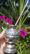 Chilean 900 Fine Silver Repousse Colonial Yerba Mate Cup  Bombilla Straw