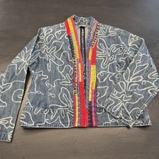 Chicos Denim Jean Jacket Open Front Embroidered Eyelet Applique Floral Size 2