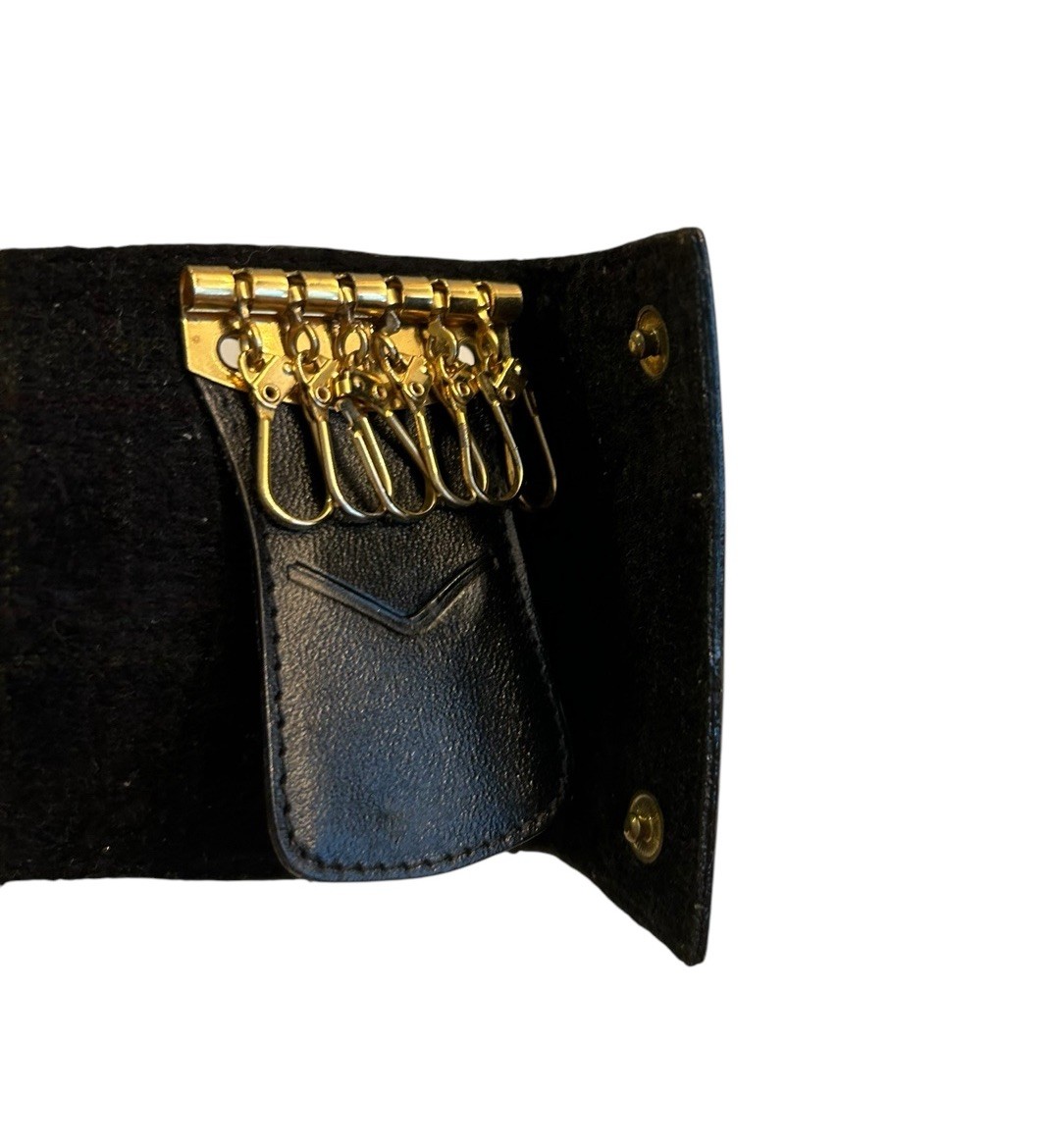 Vintage Trianon Leather Key Case Wallet Black Gold Bifold Snap Compact