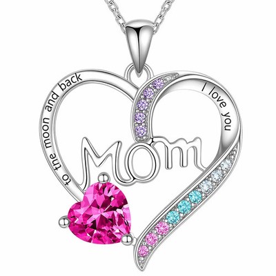 SUPAC Heart Mom Necklace, Sterling Silver Crystal Pendant with Pink Heart