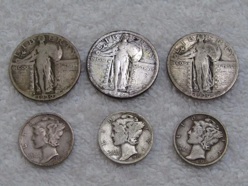 Lot of 6 US Silver Coins $1.05 Face 3 Standing Liberty Quarters 3 Mercury Dimes