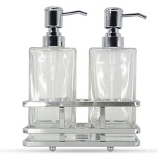 Square Glass Clear Lotion and Soap Pump Dispenser Set with Metal Stand Caddy ...