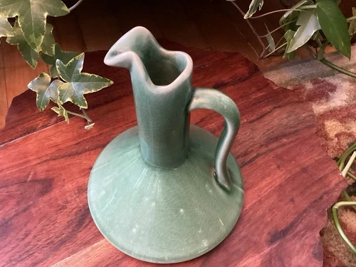 Red Wing Art Pottery Blue Stamp Pitcher #184- 6 3/4” T Lt Green Crackle Glaze