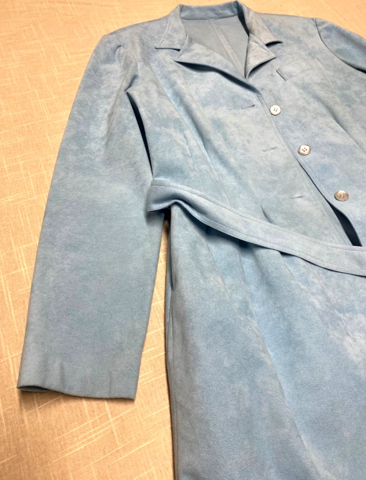 Vintage Suede Trench Coat Roth Le Cover 60s 70s Retro Baby Blue Belted Jacket - Image 4 of 4
