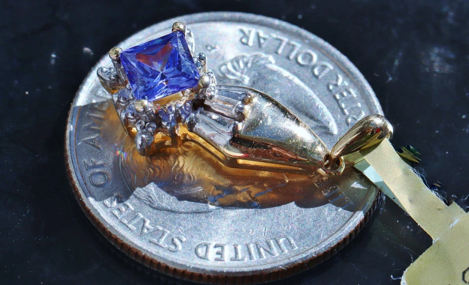 Винтажная подвеска из желтого золота 14 карат с танзанитом и бриллиантом-солитером 0,50 карата ручной работы 2,15 г - Изображение 4 из 4