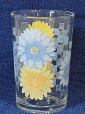 Vintage~Kig Indonesia~ 1 Juice Glass ~Blue & Yellow Sunflowers with Blue Checks