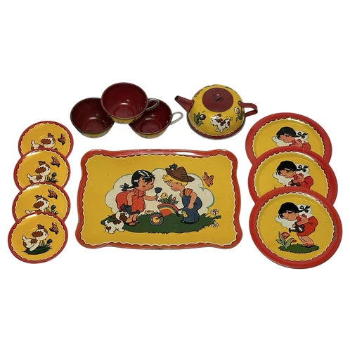 VINTAGE OHIO ART TIN LITHO CHILD'S TEA SET 12 pc LITTLE GIRL DOG