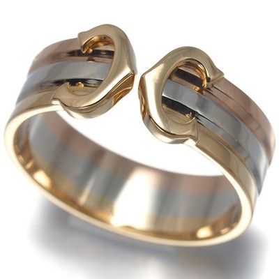 Auth Cartier Ring 2C Double C C2 3color SM EU51 18K YG/WG/RG