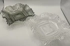 2 Vintage Indiana Carnival Glass Iridescent & Clear Diamond Point Ruffled Bowls