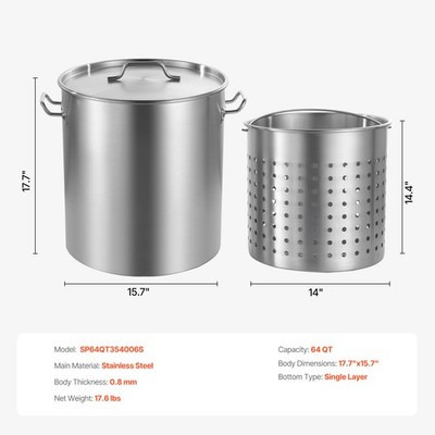 64QT Stainless Steel Stockpot Cooking Kitchen Sauce Pot with