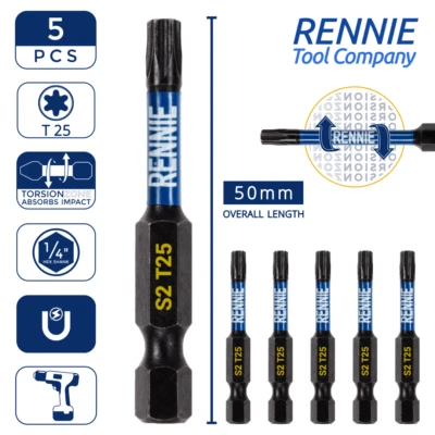 RENNIE TOOL COMAPNY 5 x T25 Torx 50mm Long Magnetic Impact Duty Screwdriver Drill Driver Bits TX25